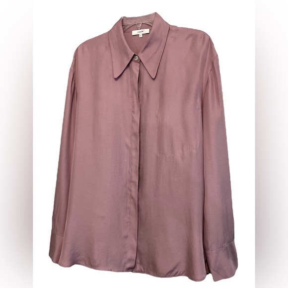 VINCE Relaxed Silk Blend Button Up Blouse, Interior Front Pocket, Lilac Stone XL - Picture 3 of 13